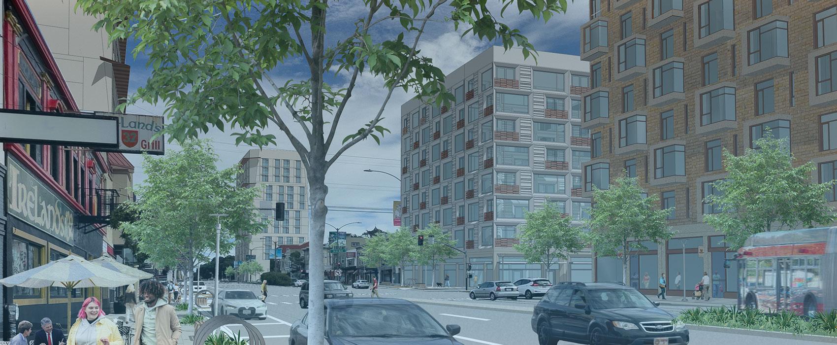 Rendering Credit AECOM Rendering of Geary Boulevard looking east towards 3rd Avenue with tall residences along boulevard,
