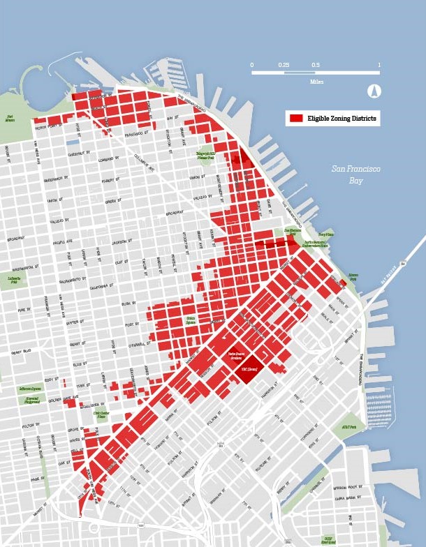 Map highlighting C-2 and C-3 zoning in the neighborhoods of North Beach, the Marina, Russian Hill, Nob Hill, Chinatown, the Financial District, the Tenderloin, South of Market and Rincon Hill. map of eligibility area