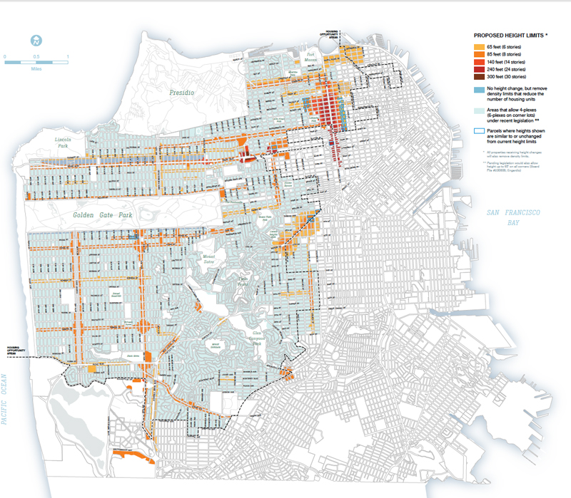 A map showing proposed housing height limits in San Francisco within the North and West parts of the City.